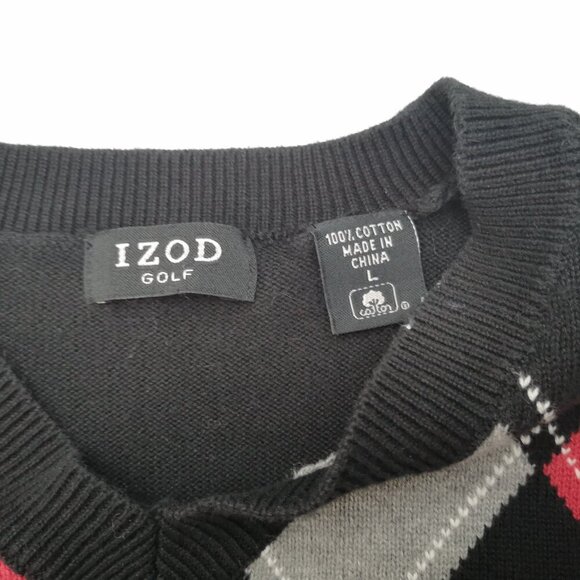 Izod Golf Men's Size Large Red Black & Grey Argyle Loose Fit V-neck Sweater - Picture 3 of 7